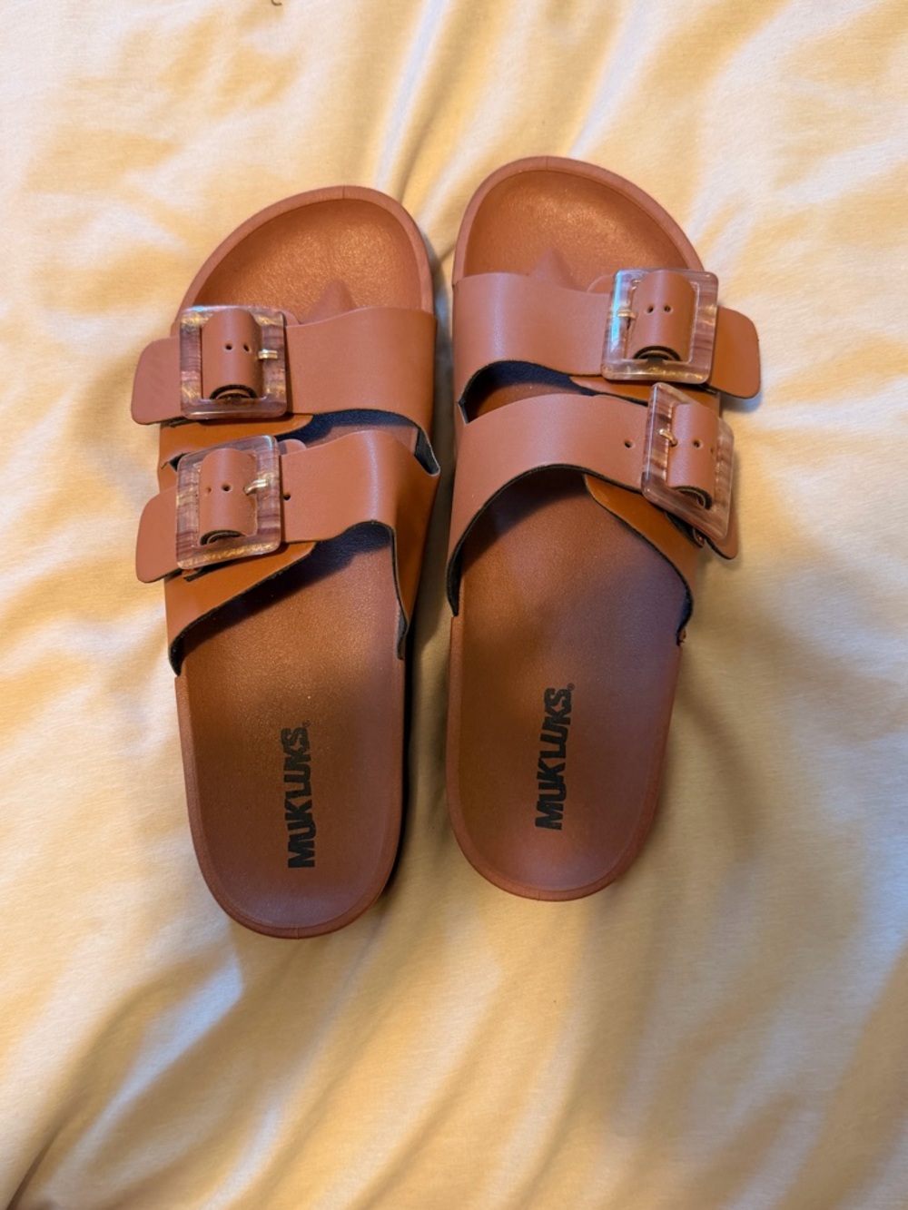 Muk Luks Cognac Double Buckle Slide Sandals